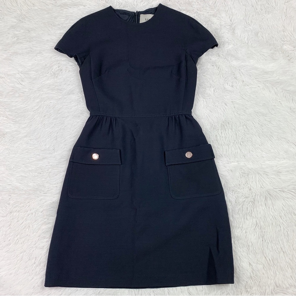 Valentino short sleeve wool blend mini dress aline skirt pocket front navy blue